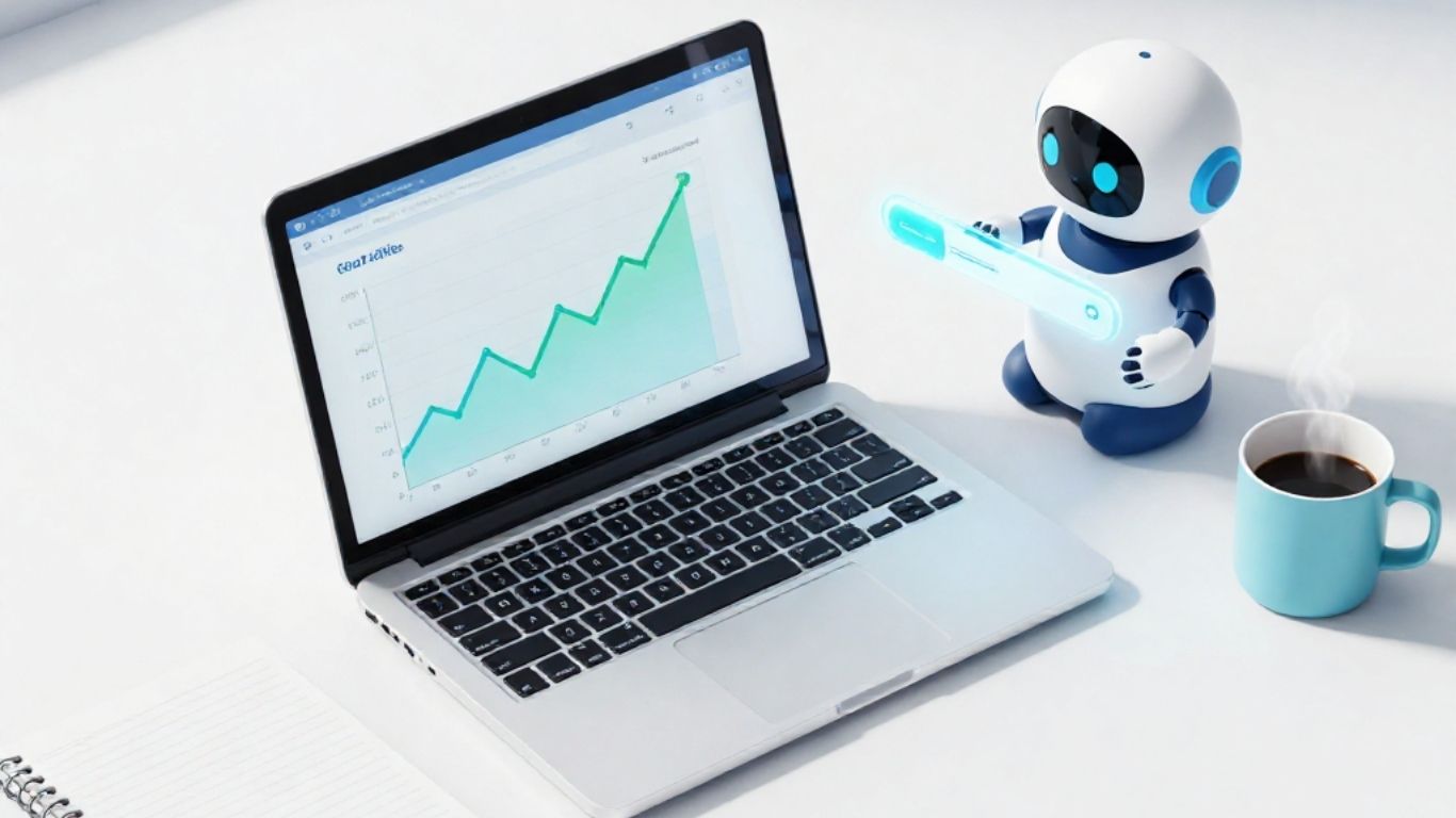 Ein kleiner, freundlicher Digital-Assistant-Roboter sitzt neben einem geöffneten Laptop mit einer SEO-Wachstumskurve – Symbolbild für Suchmaschinenoptimierung und KI im Jahr 2026.
