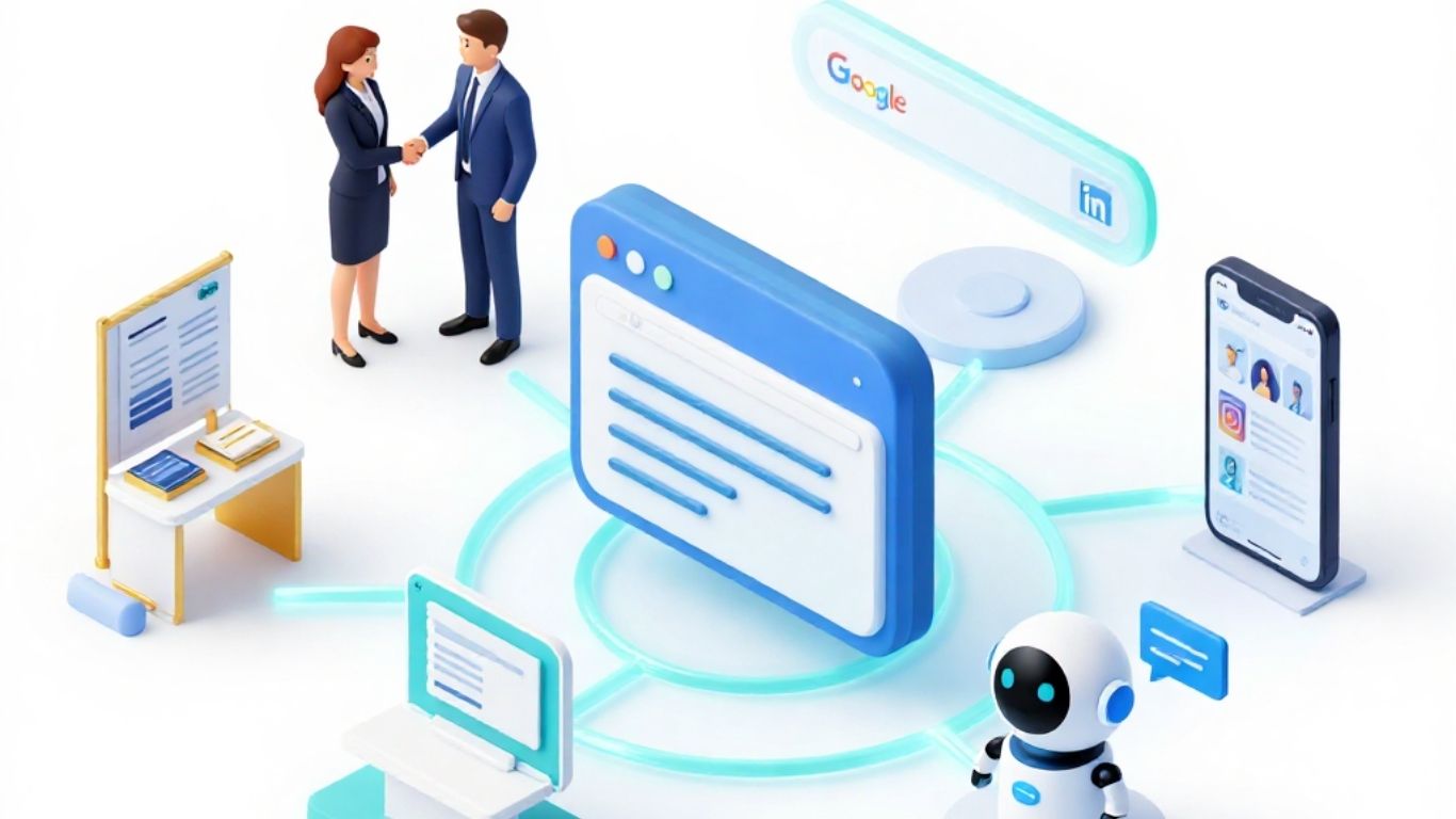 ALT-Text:Eine isometrische 3D-Infografik für Search Everywhere Optimization, die die vernetzte Kundenreise zwischen persönlichem Gespräch, Flyern, Google-Suche, KI-Chatbots und Social Media darstellt.
