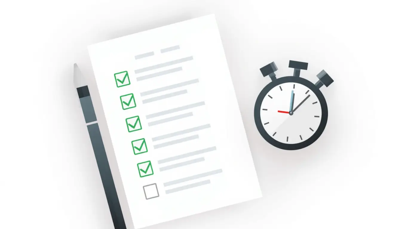 Eine minimalistische Vektorgrafik in der Draufsicht auf einen weißen Schreibtisch. Zu sehen ist eine strukturierte SEO-Checkliste mit abgehakten Boxen und einer modernen Stoppuhr, die 15 Minuten anzeigt. Symbol für den schnellen Check der SEO-Grundlagen.