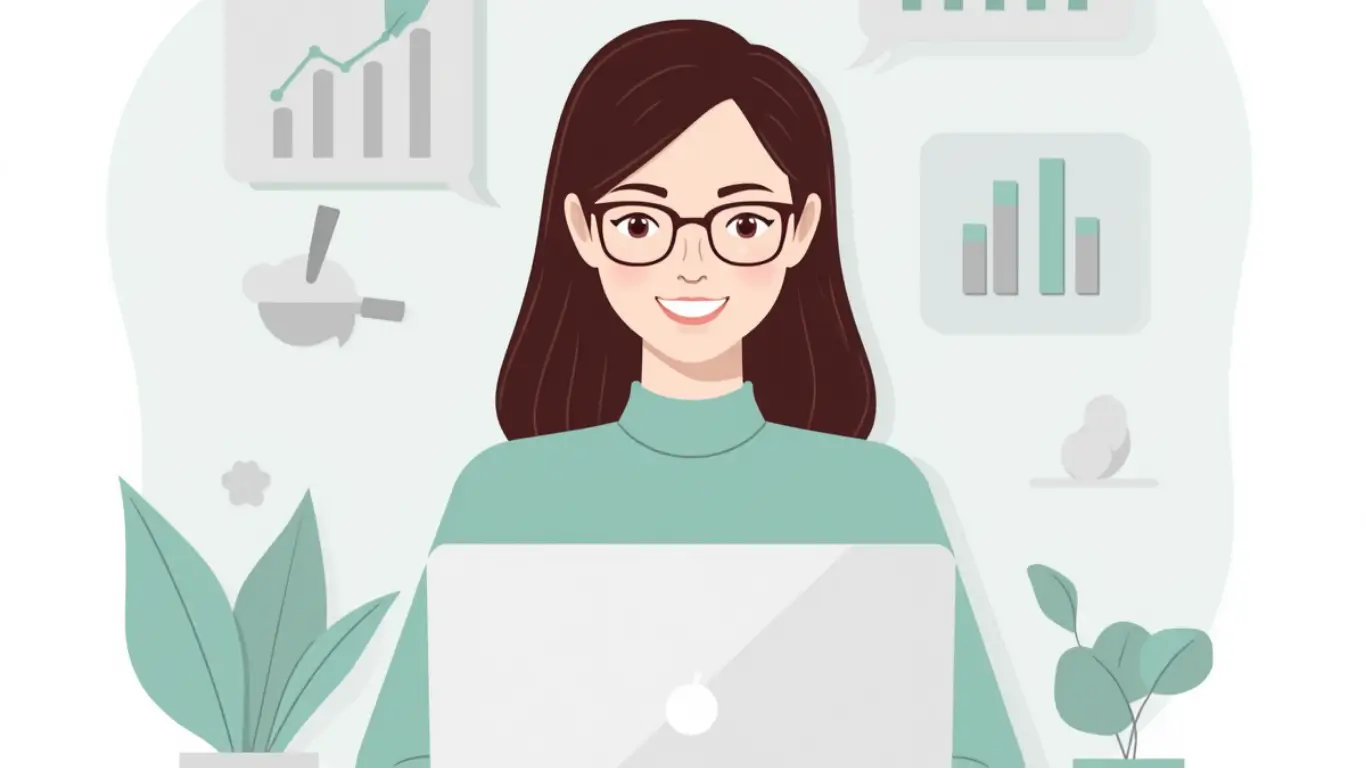 Eine moderne Vektor-Illustration im 16:9-Format in Mintgrün und Grau. Eine junge Frau mit langen braunen Haaren und Brille arbeitet am Laptop an den SEO-Grundlagen für ihre Website.