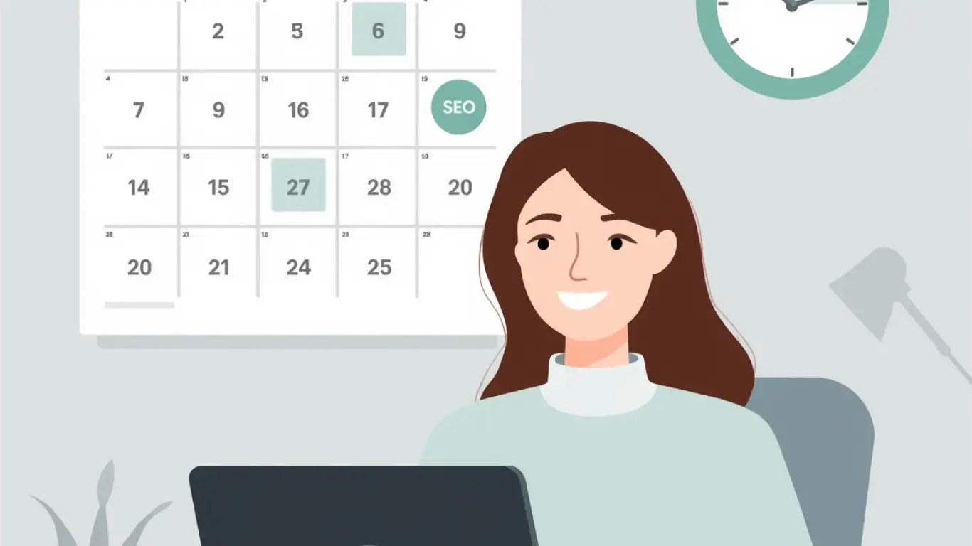 Eine flache Vektorgrafik im Split-Screen-Design in den Farben Mintgrün und Grau. Eine weiße Frau trägt wöchentliche SEO-Routine-Notizen in einen Kalender ein und plant auf der rechten Bildhälfte konzentriert den monatlichen SEO-Überarbeitungstermin.